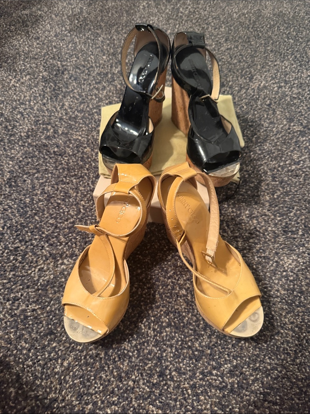 Jimmy Choo Black Patent and Tan Wedge Espadrilles